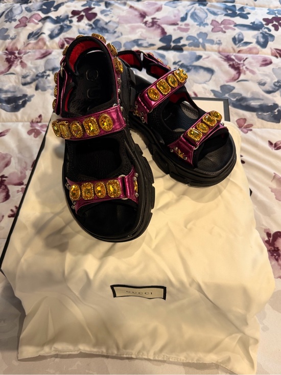 Gucci Shoes - Auth Gucci Women Aguru Crystal Embellished Leather and Mesh Sandal DB and Box
